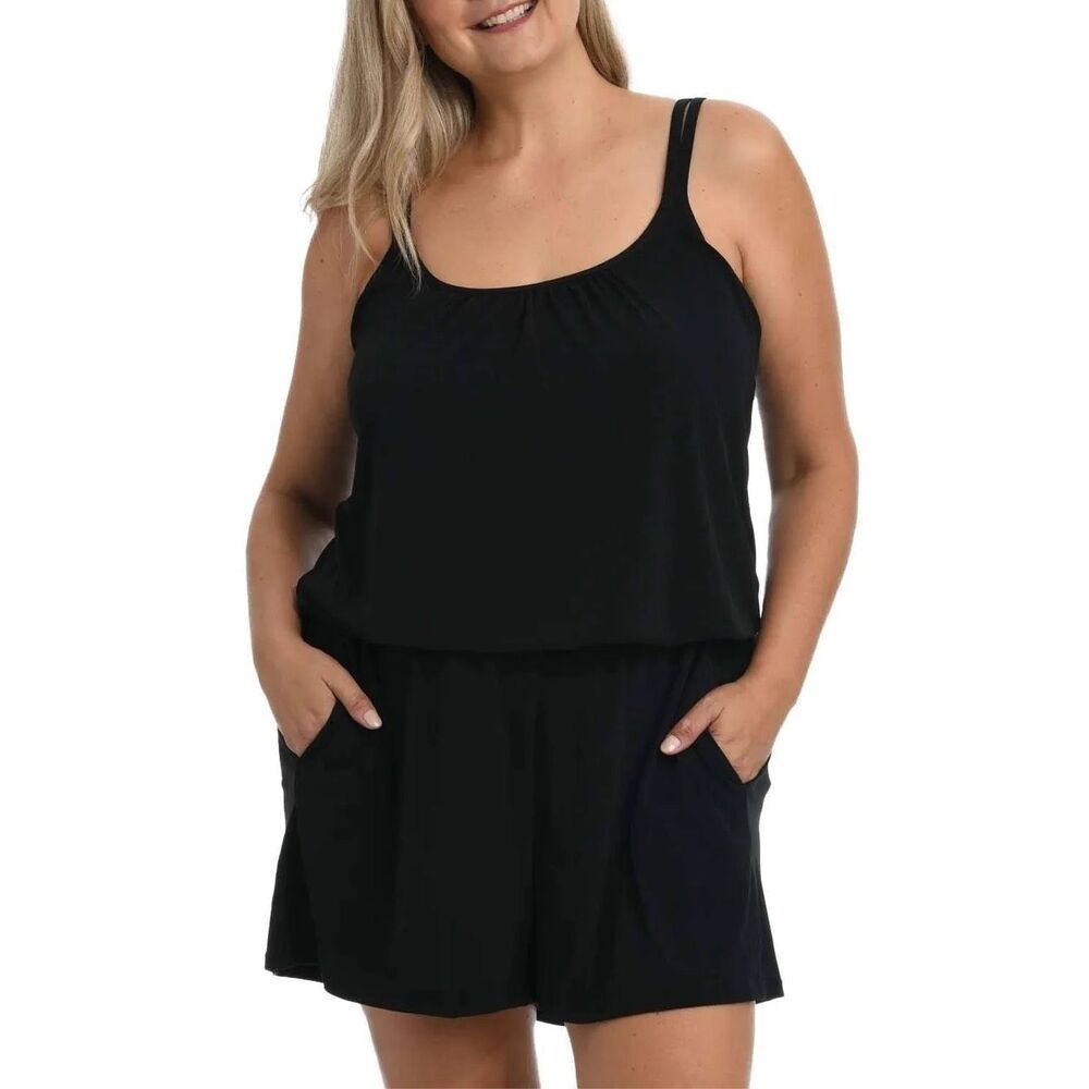 Maxine of Hollywood $94 Black Swim Romper Cover Up One Piece Swimdress 16W NEW